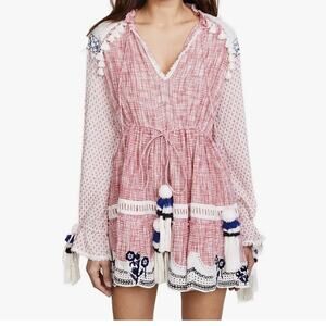 Revolve Hemant & Nandita Women's Boho Eyelet Tasseled Mini Dress XS Pink White